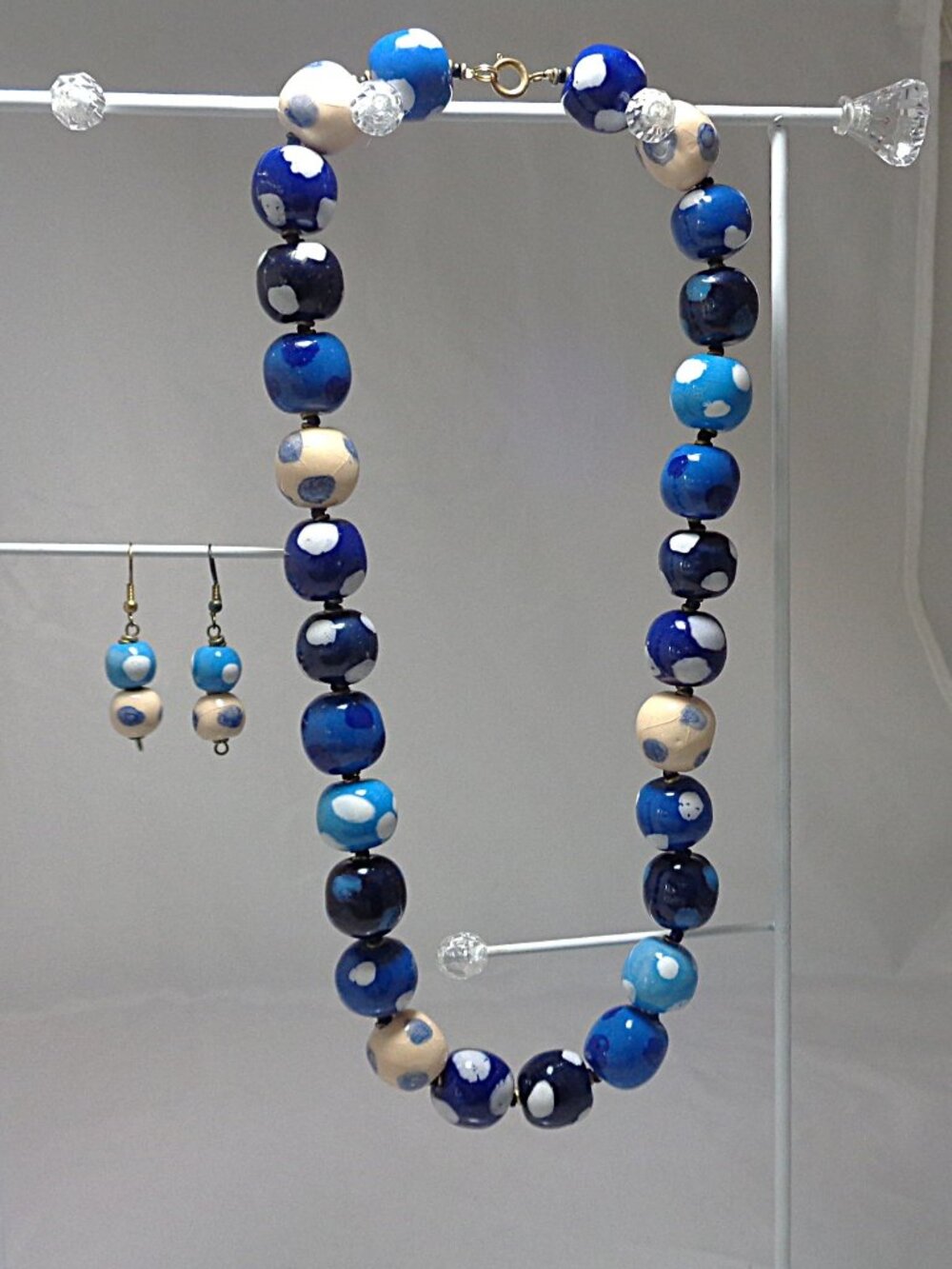 Vintage Glass Polka Dot Bead Necklace Blues & White Matching Earrings